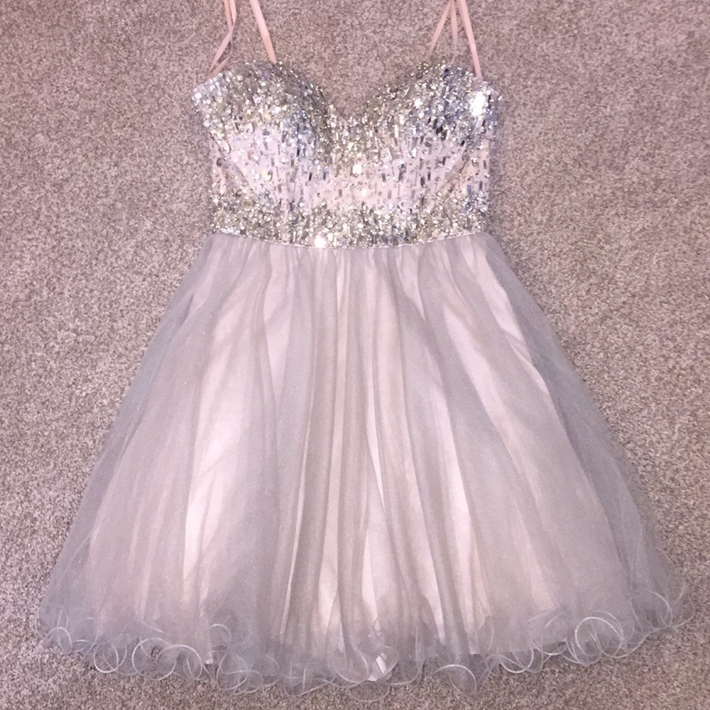 Champagne and grey hoco dress